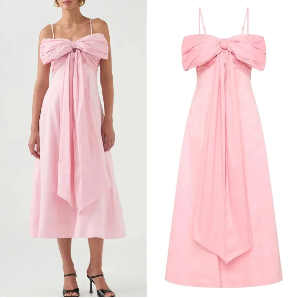 NEW Aje Scarlett Midi Dress AU8/US4 Bow Pink Blush Cherry Blossom Vacation Linen